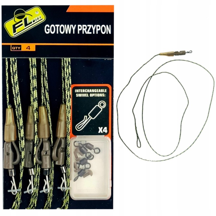 4x PRZYPON FL LEADCORE BEZPIECZNY KLIPS 80CM SZYBKOZŁĄCZKA + KRĘTLIKI